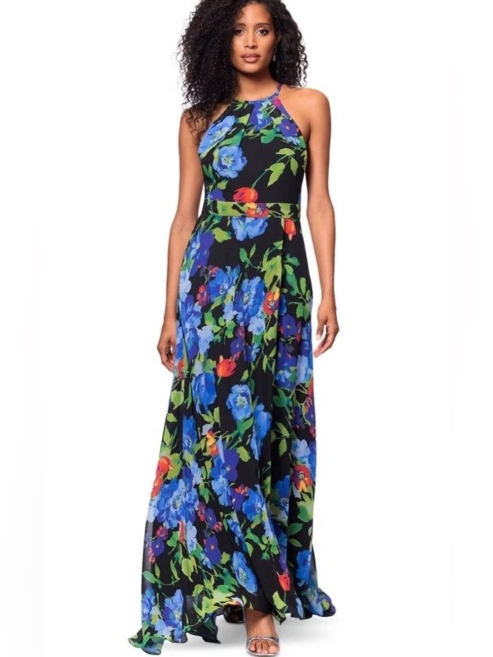NEW Betsy & Adam Floral Chiffon Halter Maxi Gown Dress 16W Blue Formal Evening